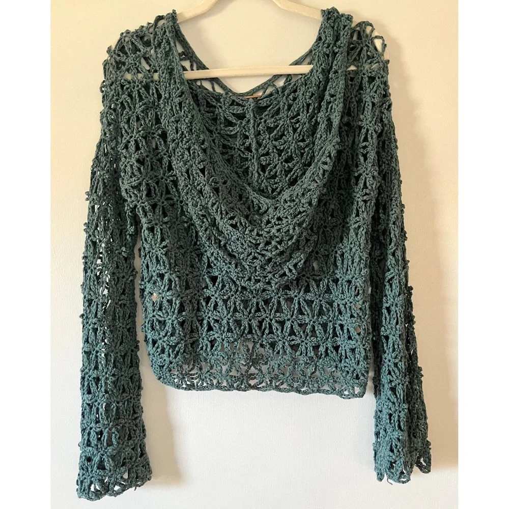Free people teal blue open knit sweater with good size medium - Picture 2 of 3